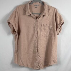 Falls Creek Women's Button Down Short Shirt. Size 1X. Tan. Linen Blend. Cuffed